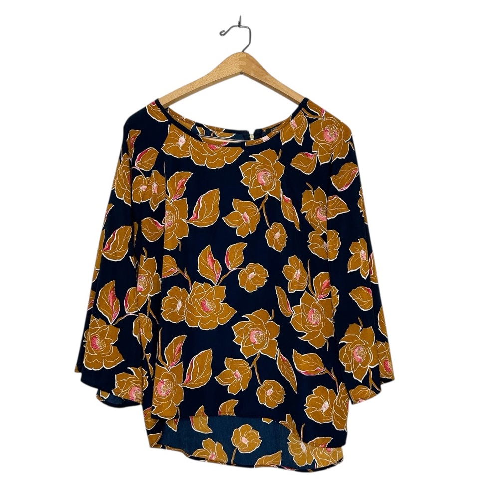 Papermoon Navy Blue Floral Blouse with Mustard Flowers